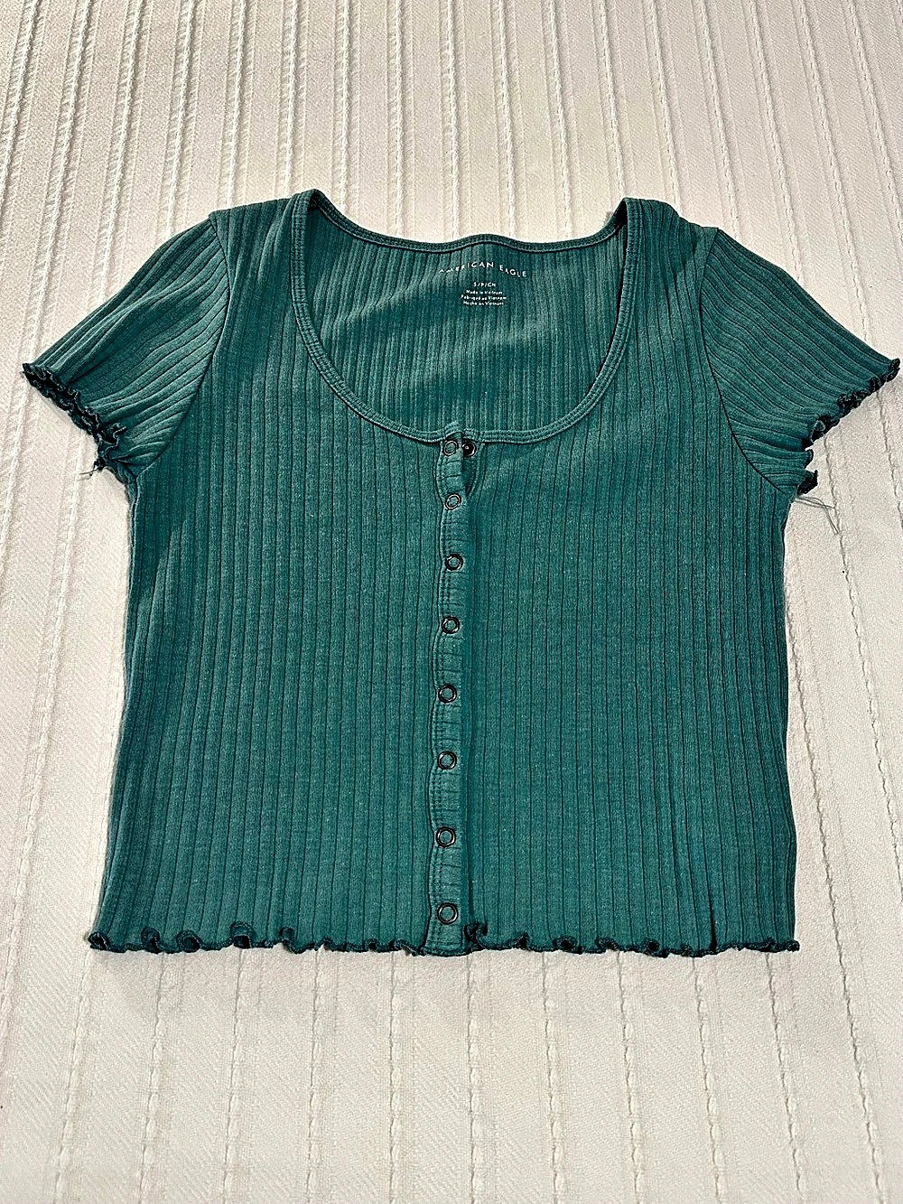 American Eagle Ribbed Button-Front Crop Top Teal Green